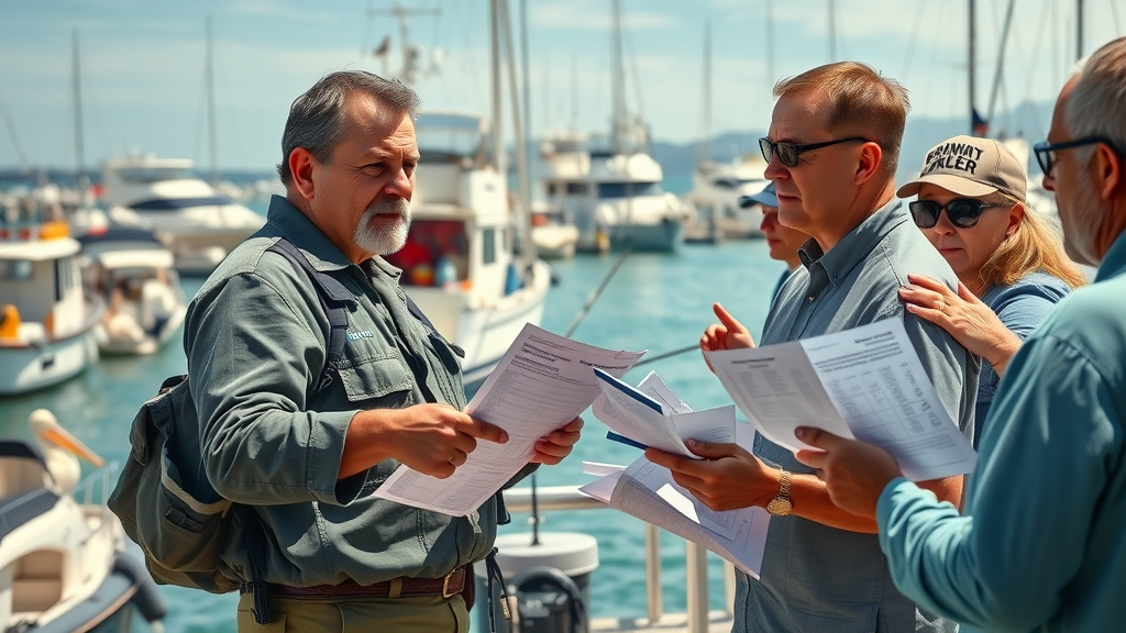 urgent scene of a fishing inspector confronting recreational anglers about cabo fishing regulations at a Baja California dock, thorough inspection, marina background and boats, vibrant colors, bright sunlight