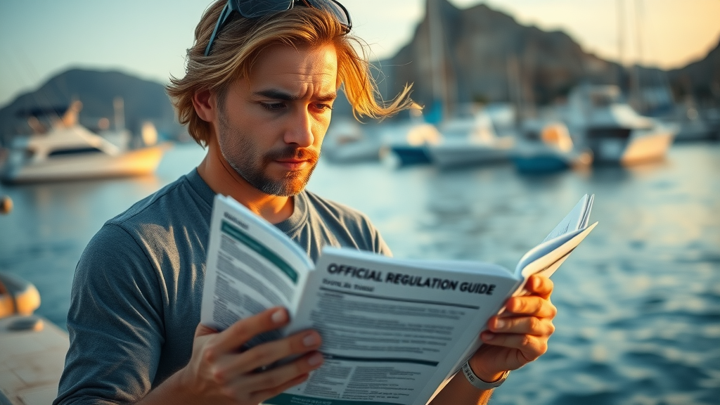 sport angler studying official cabo fishing regulations beside marina at sunrise, boats and guidebook, focus on learning legal fishing in los cabos