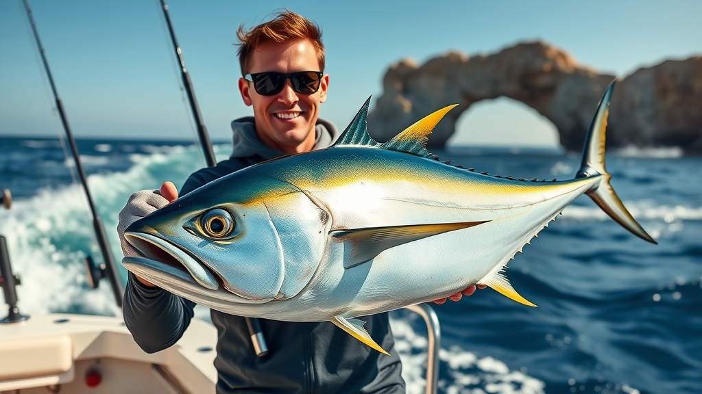 triumphant angler displaying a legal-sized yellowfin tuna on a professional charter boat, sport fishing legal requirements in Cabo San Lucas, Pacific Ocean in background