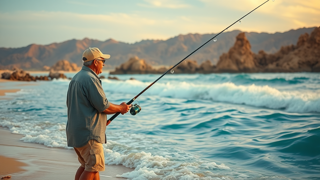 shore fishing at sunrise in Cabo San Lucas, angler casting into turquoise water, regulations for shore fishing in baja california and los cabos