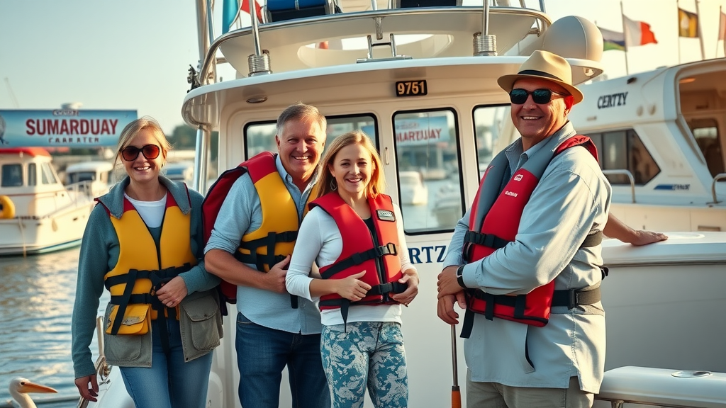 happy fishing family and experienced local captain preparing for legally compliant charter in Cabo San Lucas, licenses and safe equipment checks at the dock