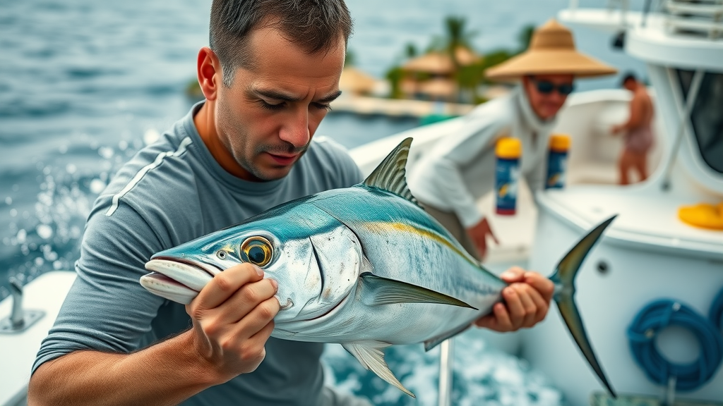 angler carefully measuring a legal dorado for retention in Cabo San Lucas, game fish size regulations, marina and resorts in background