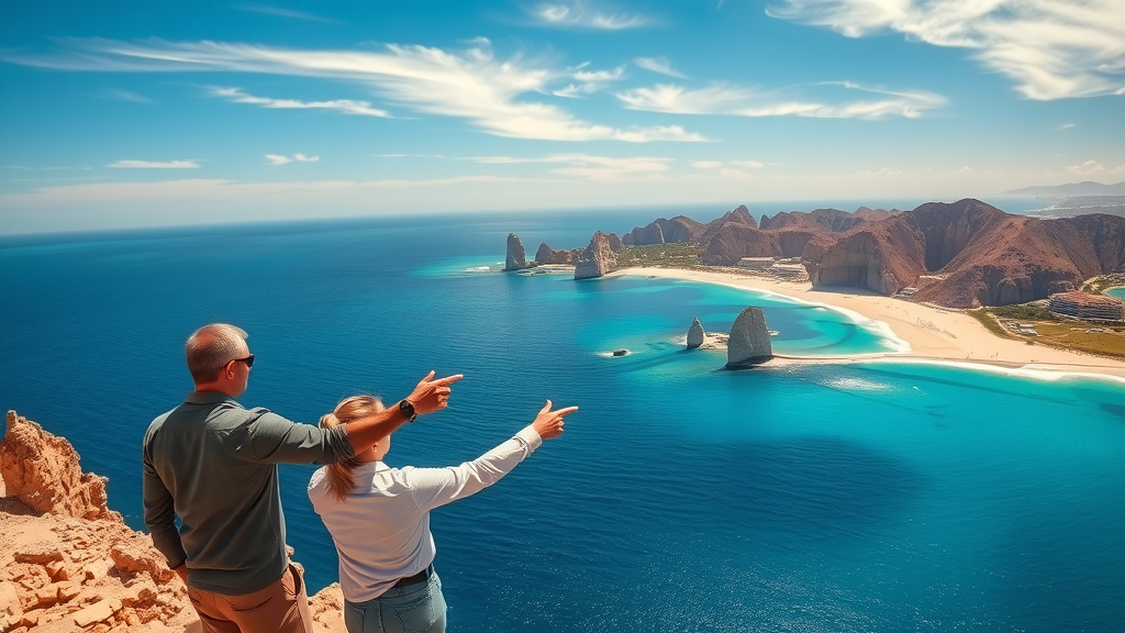 panoramic view of the Cabo San Lucas peninsula, contrast of the blue Pacific Ocean and turquoise Sea of Cortez, two anglers pointing at different sea fishing grounds