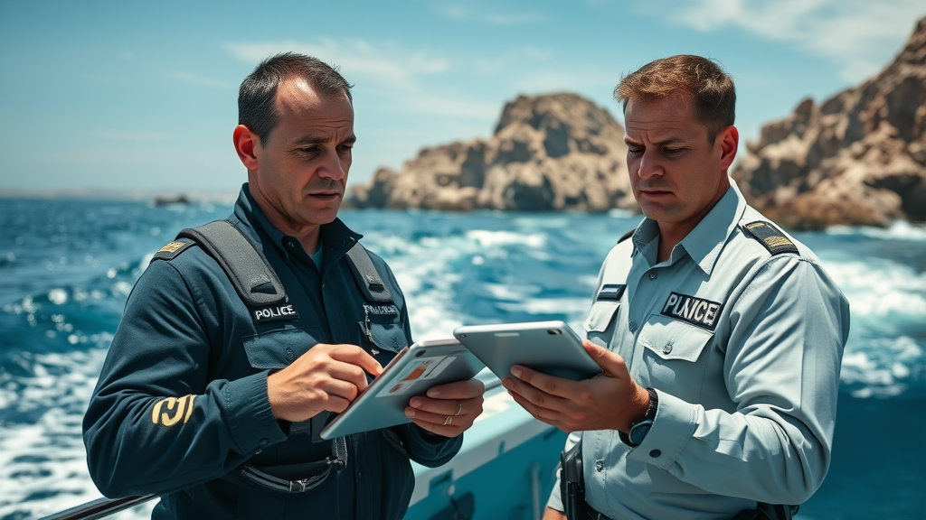 marine enforcement officers inspecting a vessel off Los Cabos for compliance with cabo fishing regulations, digital tablets and patrol boat, rocky coastline