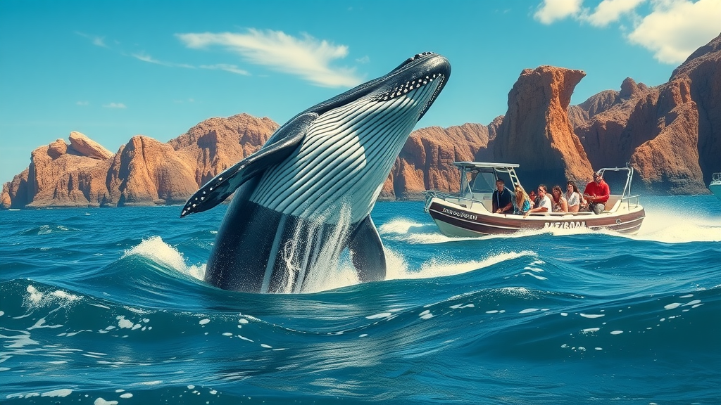 Humpback whale breaching near a boat with tourists in Cabo San Lucas
