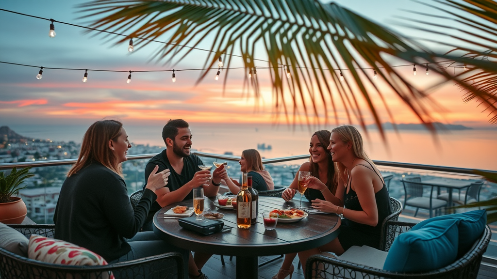 Chic rooftop restaurant featuring cocktails and panoramic views in cabo san lucas