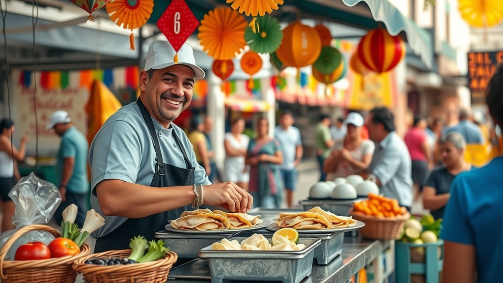 Chef preparing fresh fish tacos at vibrant street food taco stand in cabo san lucas