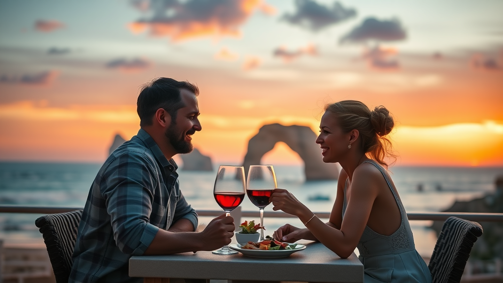 Couple enjoying sunset dining with ocean and Cabo Arch view in cabo san lucas