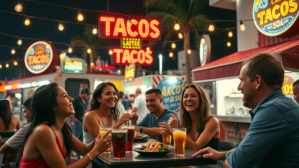 Group enjoying late-night tacos and drinks at lively street vendor in cabo san lucas