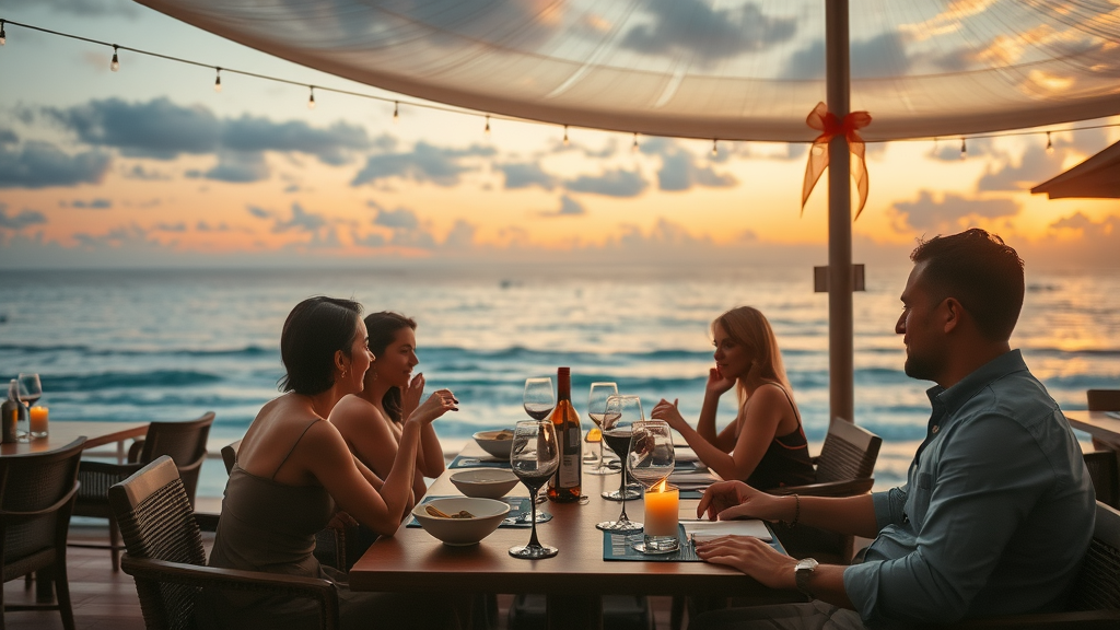 Oceanview dining at a beachfront restaurant in Cabo San Lucas featuring sunset meals with gentle waves