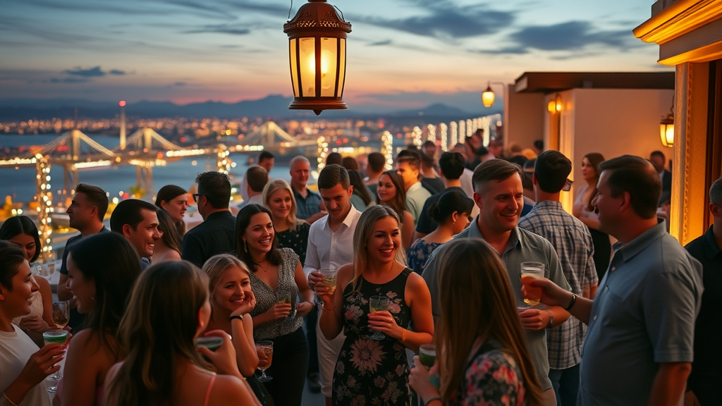 Lively rooftop bar with joyful guests and cityscape at dusk in Cabo San Lucas