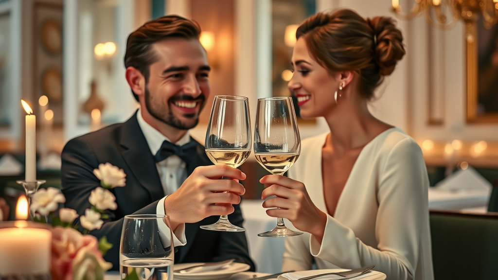 Elegant fine dining restaurant in Cabo with couple clinking wine glasses in romantic ambiance