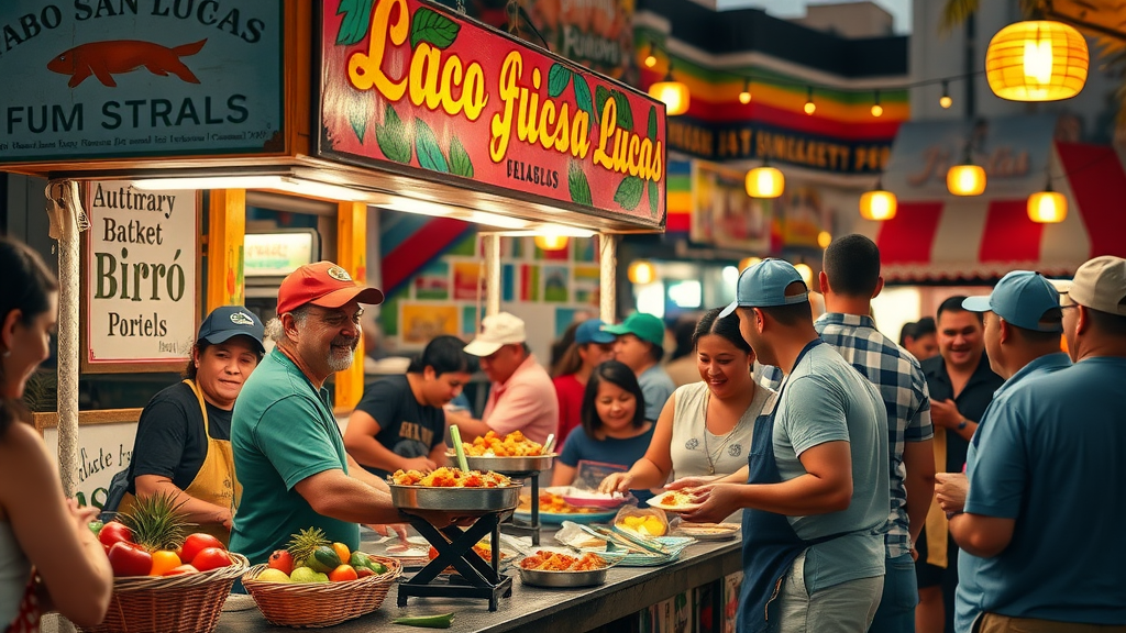Colorful street food stand in Cabo San Lucas bustling with guests and vibrant local produce