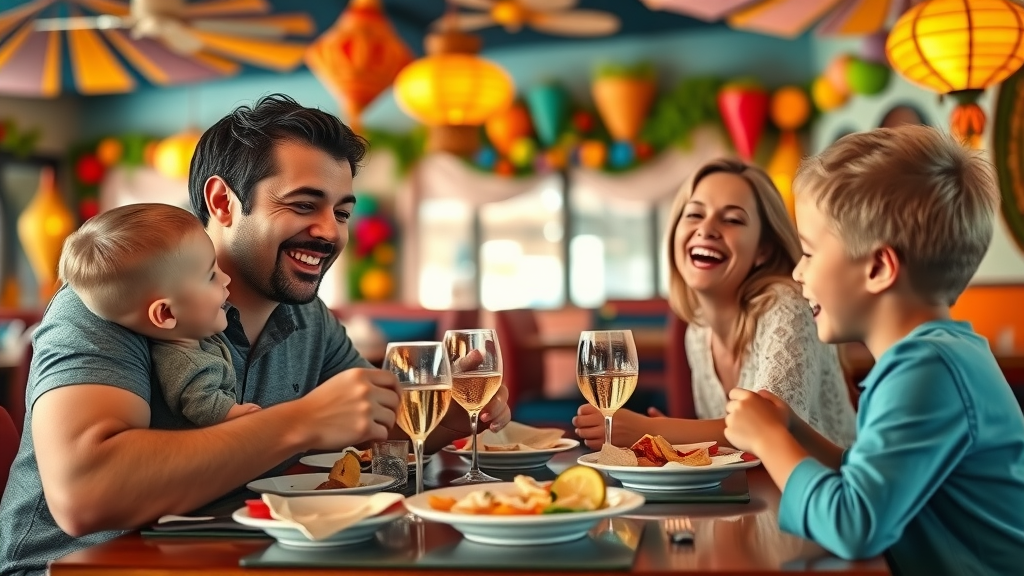 Joyful family dining in festive Cabo restaurant with playful decor and happy children