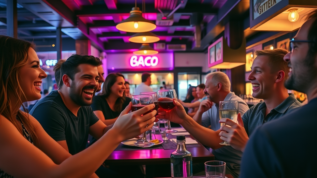 Energetic late-night restaurant scene in Cabo with friends enjoying drinks and food in vibrant atmosphere