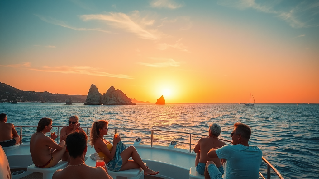 Cabo sunset cruise trends showing vivid Cabo San Lucas sunset with guests relaxing on yacht deck