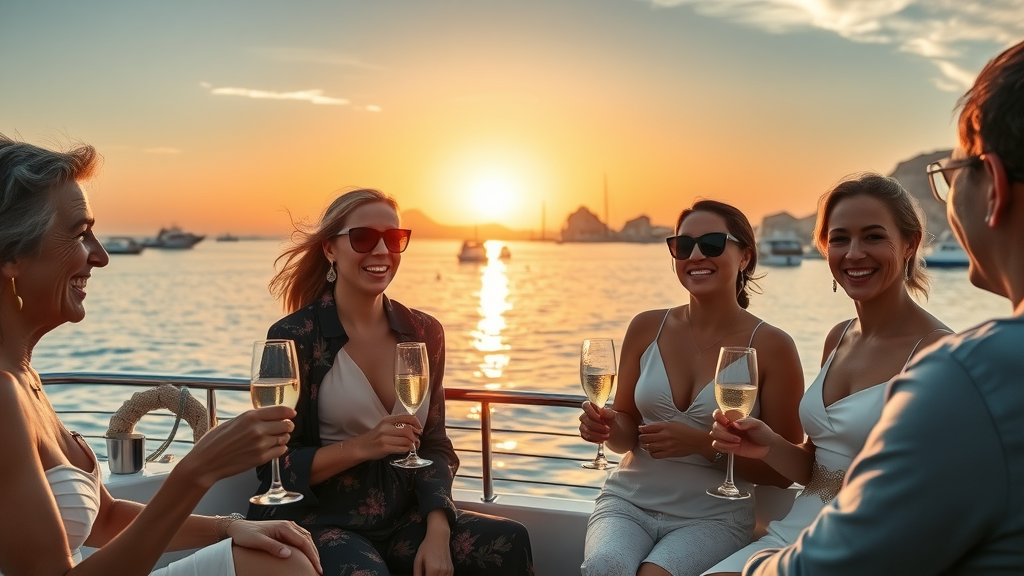 Luxury yacht guests enjoying a sunset sail with champagne and gourmet food in Cabo San Lucas