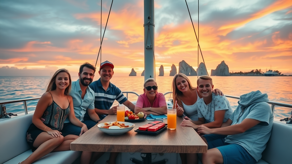 Happy families and friends enjoying snacks and drinks on a shared catamaran cruise at sunset near Cabo San Lucas