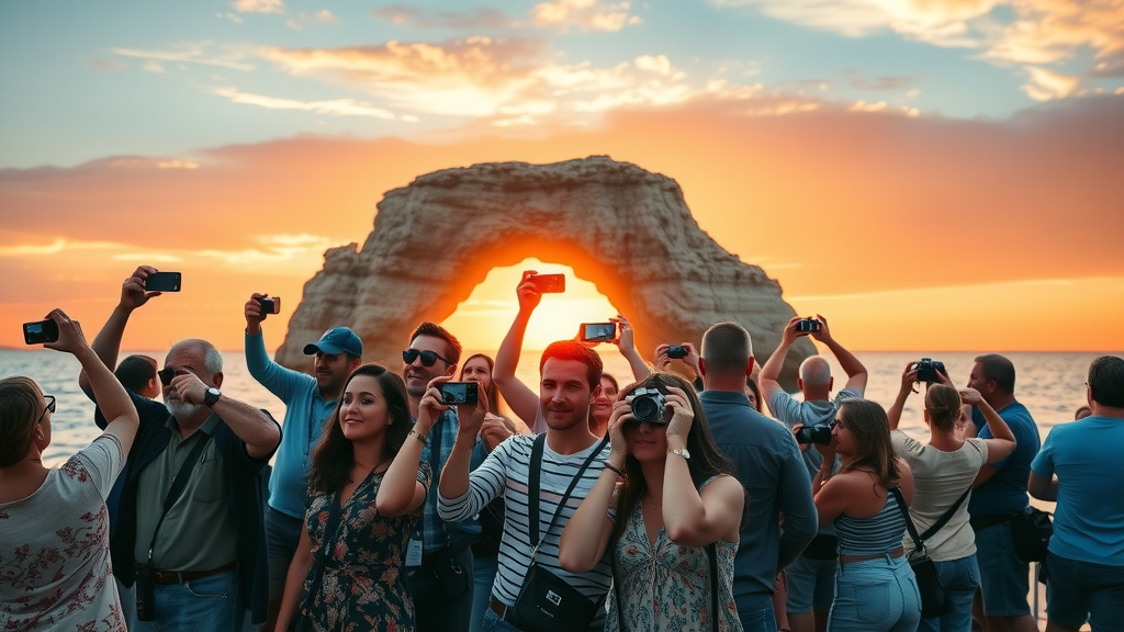 Group taking photos at sunset on boat deck with El Arco in background, exemplifying top cabo sunset cruise trends