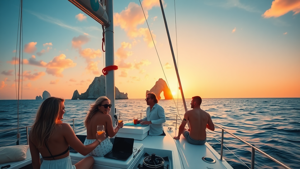 Catamaran cruising near El Arco at sunset with guests enjoying drinks and music, highlighting cabo sunset cruise trends