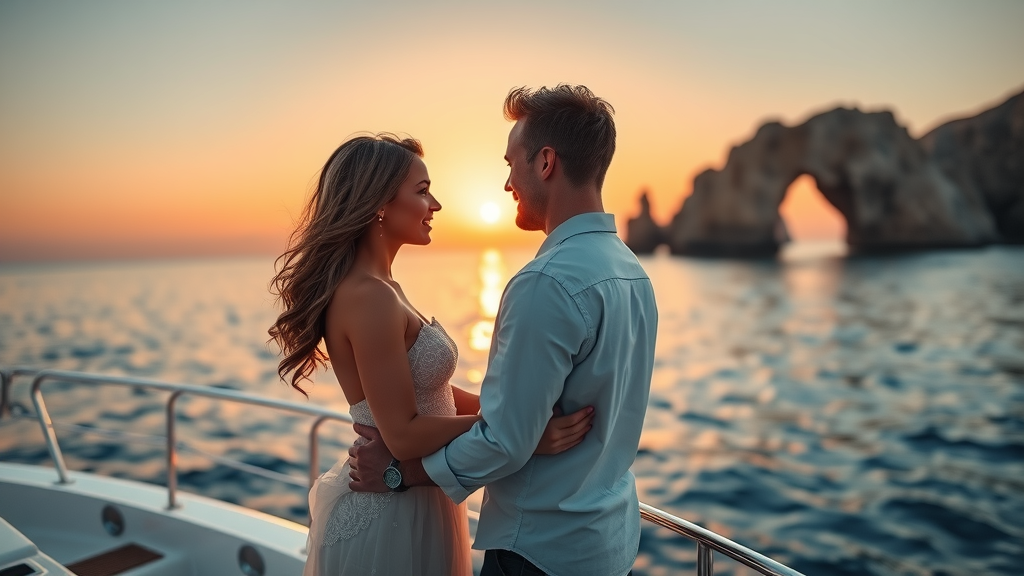 Romantic couple on bow of yacht at sunset in Cabo San Lucas highlighting cabo sunset cruise trends
