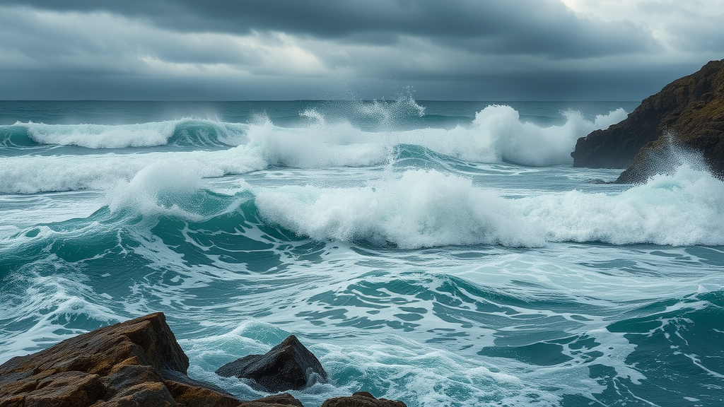 Stormy seas during hurricane season in Cabo San Lucas with turbulent waves and overcast sky