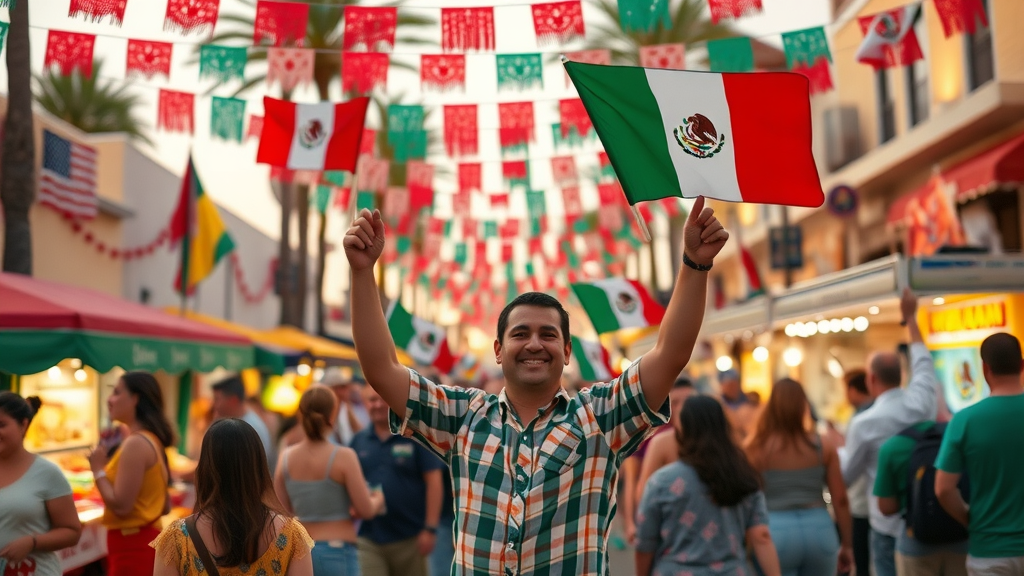 Mexican Independence Day celebration with colorful decorations and festive crowds in Cabo San Lucas