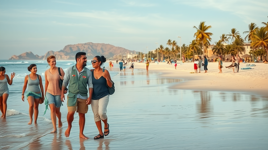 Cabo tours after hurricane recovery featuring beachside scene with smiling local workers and tourists near water