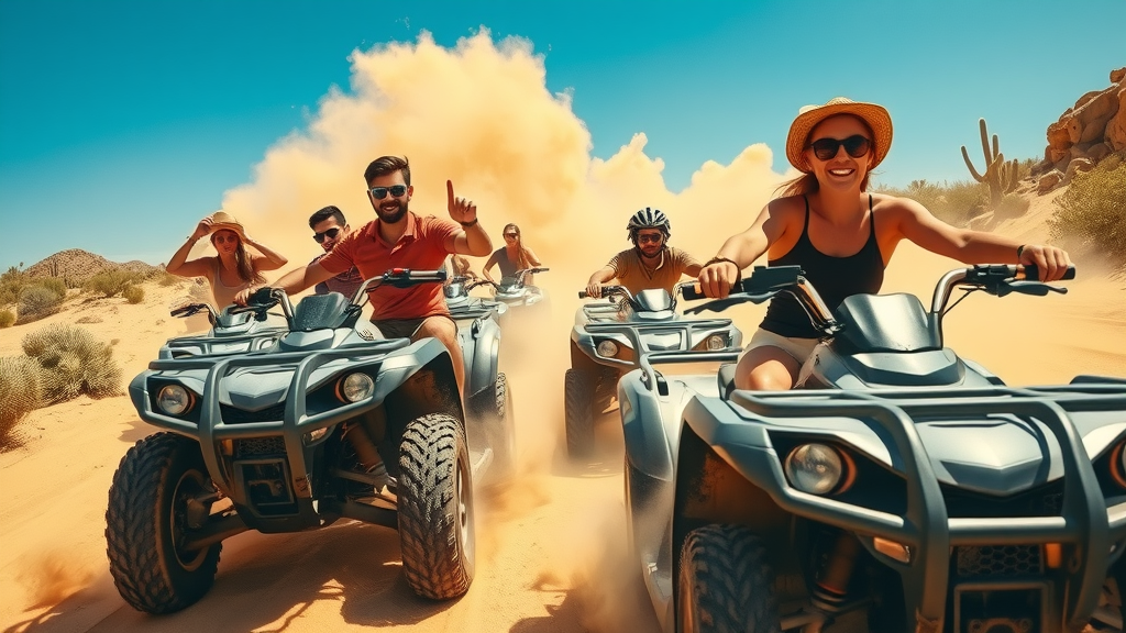 Cabo tours after hurricane featuring group riding ATVs on dusty desert trails near Los Cabos