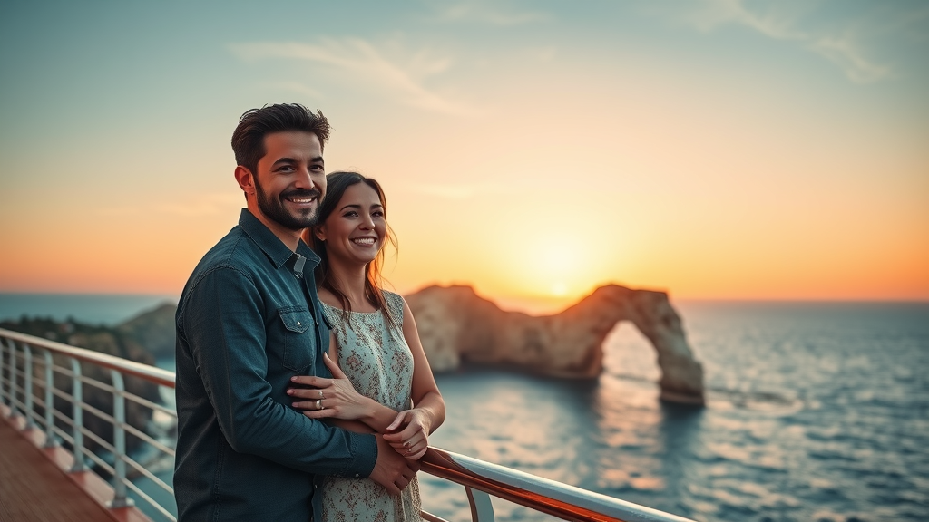 Cabo sunset cruise expert tips showcased by a relaxed couple on deck overlooking Cabo San Lucas Arch during a crisp autumn sunset
