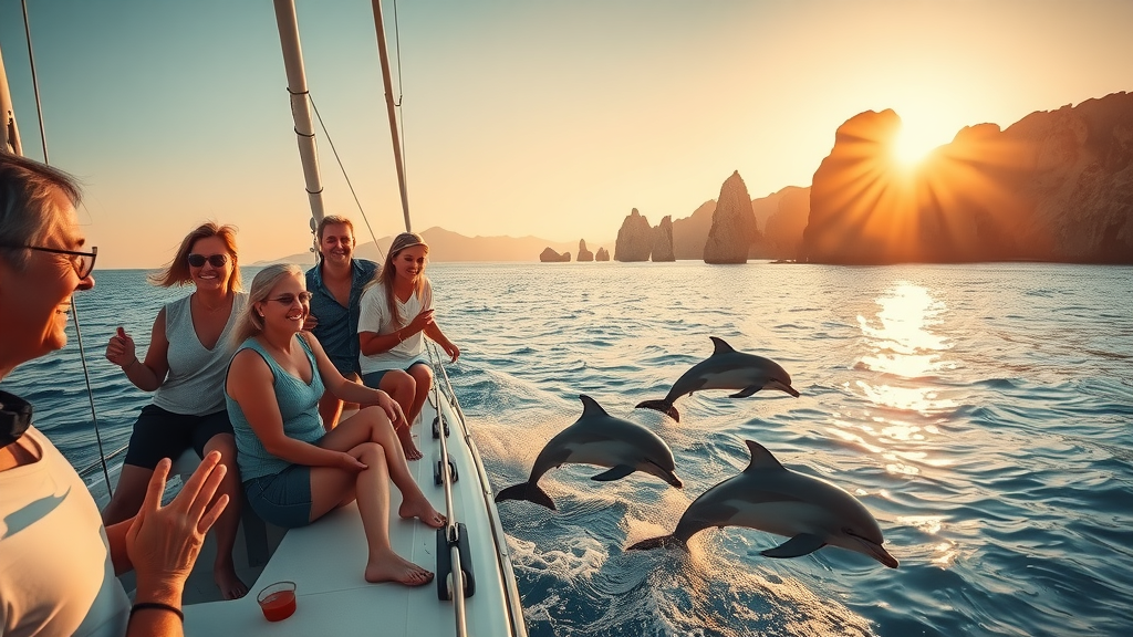 Cabo sunset cruise expert tips in action: joyful passengers viewing dolphins during golden hour on sailboat in Cabo San Lucas