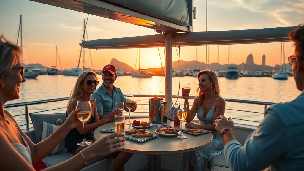 Luxury catamaran at sunset in Cabo San Lucas with guests enjoying gourmet food and open bar on board