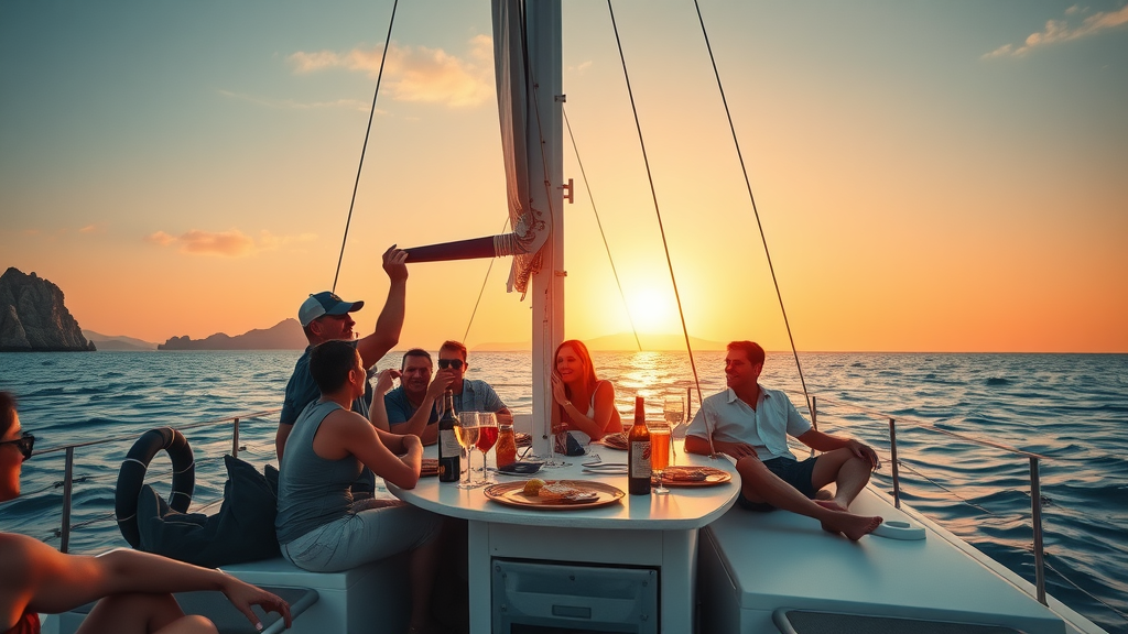 Catamaran sunset cruise with dinner and open bar cruising along Los Cabos coastline under warm golden sky