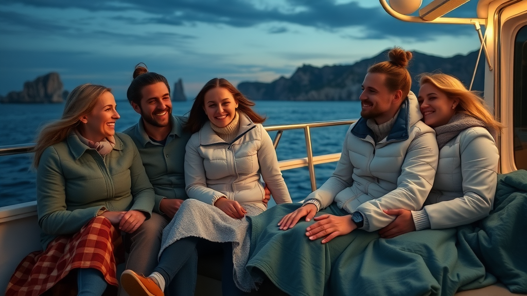 Friends enjoying a cozy evening on deck with jackets as temperatures drop after sunset in Cabo Bay
