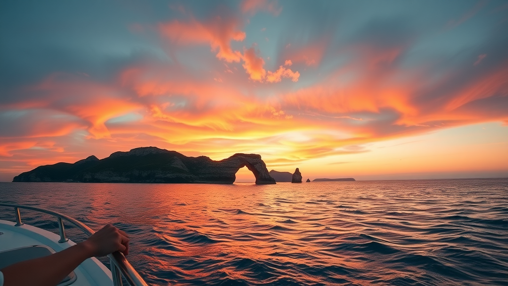 Tranquil sunset over Cabo San Lucas Arch with warm sky reflecting on calm water ideal for sunset cruises