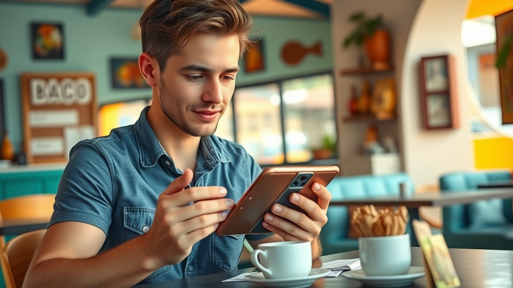 Budget traveler calculating daily expenses at a Cabo café, enjoying local Mexican coffee with receipts and currency