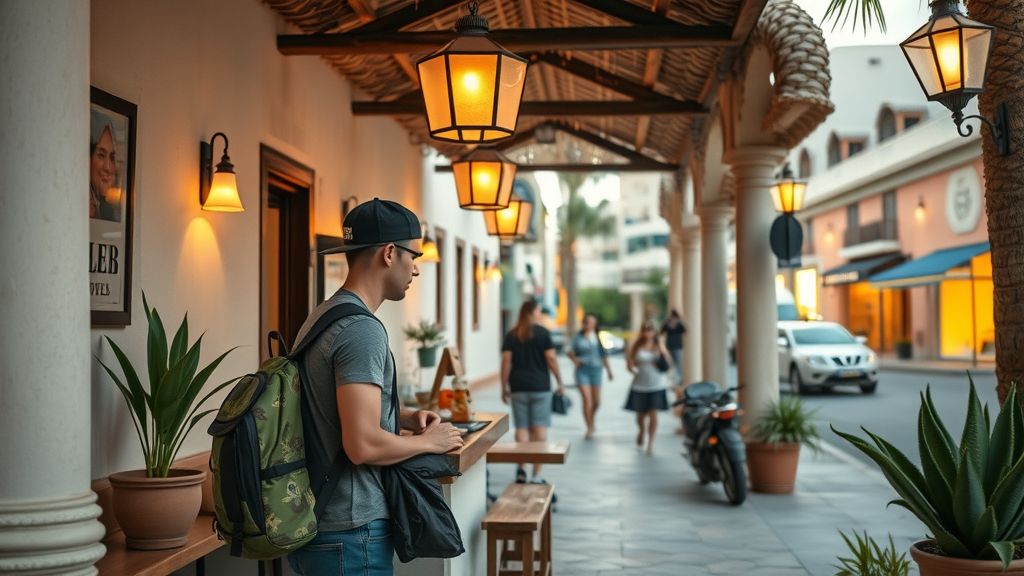 Cozy boutique hotel with warm inviting atmosphere in downtown Cabo San Lucas, budget traveler checking in
