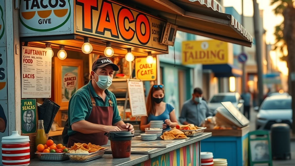 Authentic street taco stand in Baja California Sur serving budget travelers, colorful market scenery