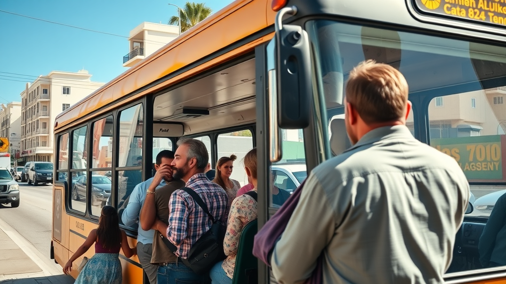 SuburCabo public bus with passengers boarding in sunny Cabo San Lucas, Baja California Sur