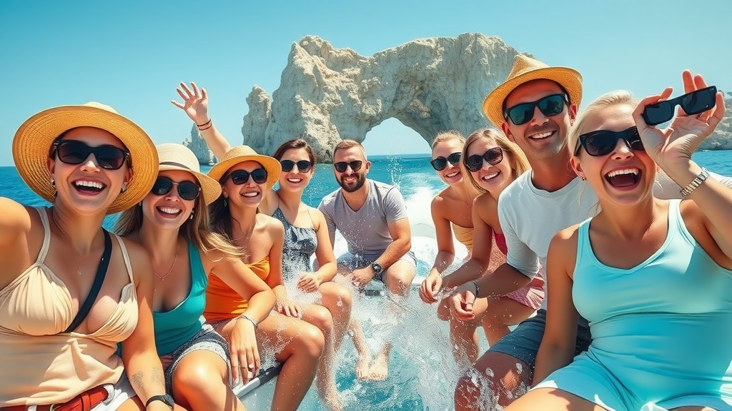 Group of budget travelers enjoying a boat excursion in Cabo with the Arch visible, sun hats and sunglasses on
