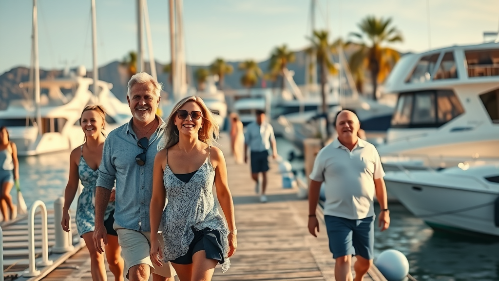 current situation &amp; recovery - Los Cabos marina bustling post-storm, smiling tourists and locals relaxed along sunlit docks, open shops, yachts in the background, vibrant and clean, gentle waves, palm trees, subtle signs of recent cleanup, golden hour, high depth of field, natural textures.