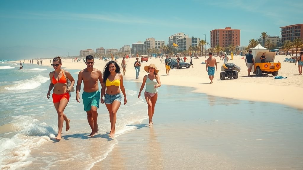 cabo sun - Medano Beach scene after storm cleanup, cheerful families near the waterline, visible cleanup activity, resort buildings in the distance, turquoise water, lifeguard flags, beach maintenance vehicles, clear skies.