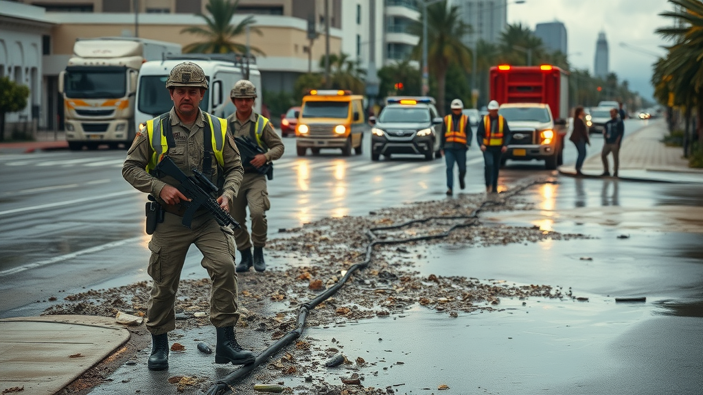 roads, flooding &amp; local streets - National Guard and municipal workers clearing debris from washed-out Los Cabos city street, open traffic lanes, puddles, construction vehicles, attentive bystanders, reflective wet pavement.