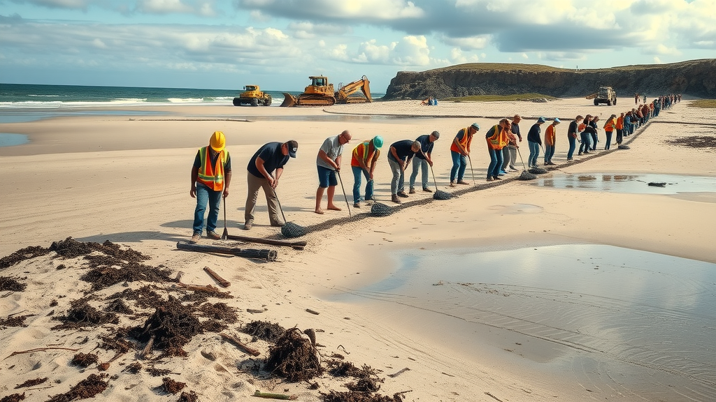 beaches &amp; ocean conditions - Los Cabos volunteers and municipal workers cleaning storm debris from sun-kissed sand, rocky outcrop in the distance, driftwood, piles of seaweed, gently foaming waves.