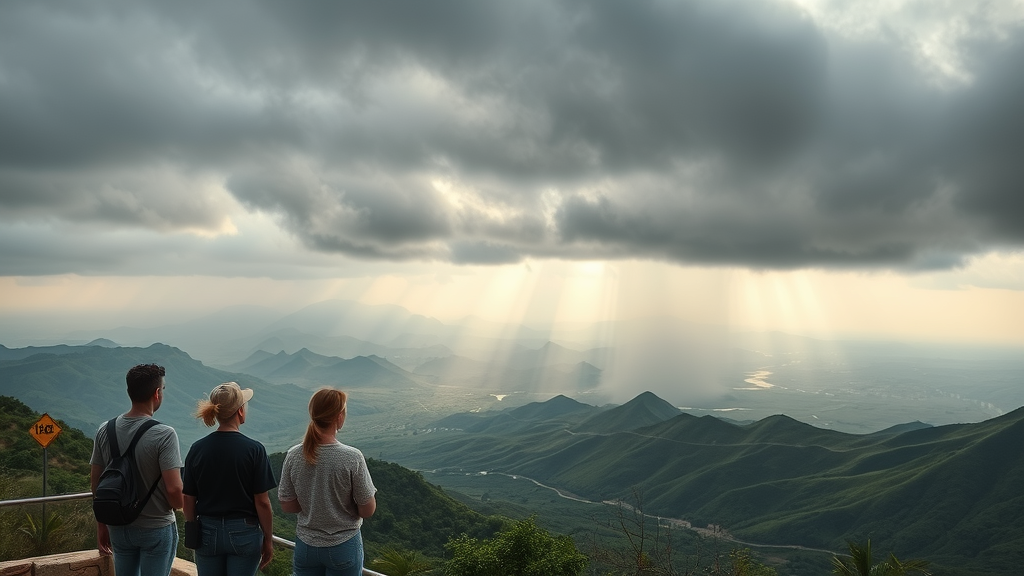 rain, flood risk &amp; weather - Tourists and locals observing gray post-storm clouds over Los Cabos hills, distant riverbeds, wet landscape, emergency signs, atmospheric haze.