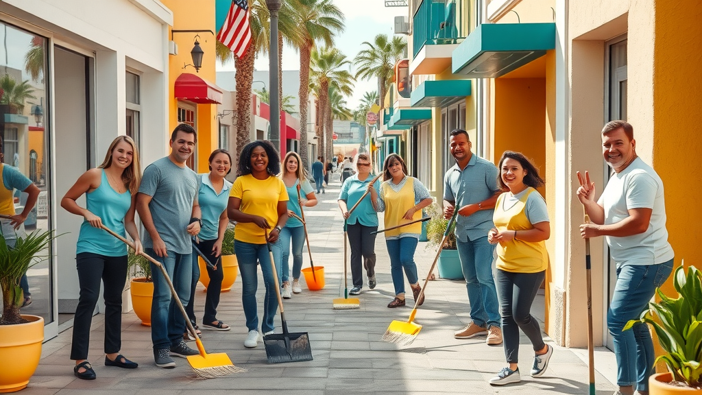 community response - Los Cabos volunteers and business owners sweeping sidewalks, painting storefronts along vibrant downtown street, open doors, supportive body language, late afternoon sunlight.
