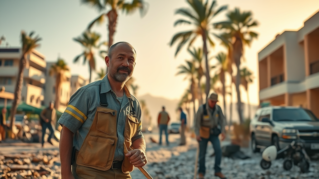Vibrant Los Cabos cityscape after a storm with workers cleaning debris and restoring areas, hopeful expressions, palm trees and sunlit atmosphere: current situation &amp; recovery in Los Cabos.