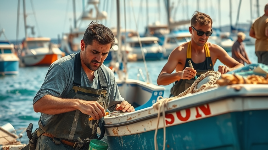 Marina workers restoring boats in Los Cabos after storm, vessels repaired and cleaned, current situation recovery.
