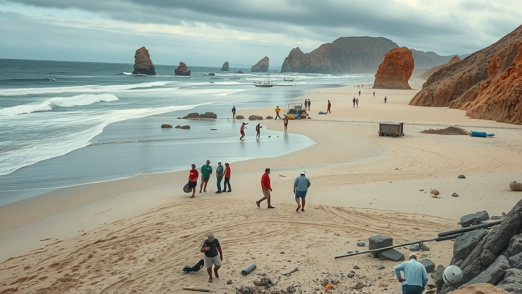 Dramatic beach in Los Cabos post-storm, crews cleaning, visible erosion and debris, ocean conditions after the hurricane.