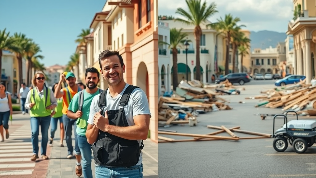 Comparative Los Cabos recovery vs another storm area, hopeful volunteers, clean vs debris-filled streets: comparación recuperación actual.